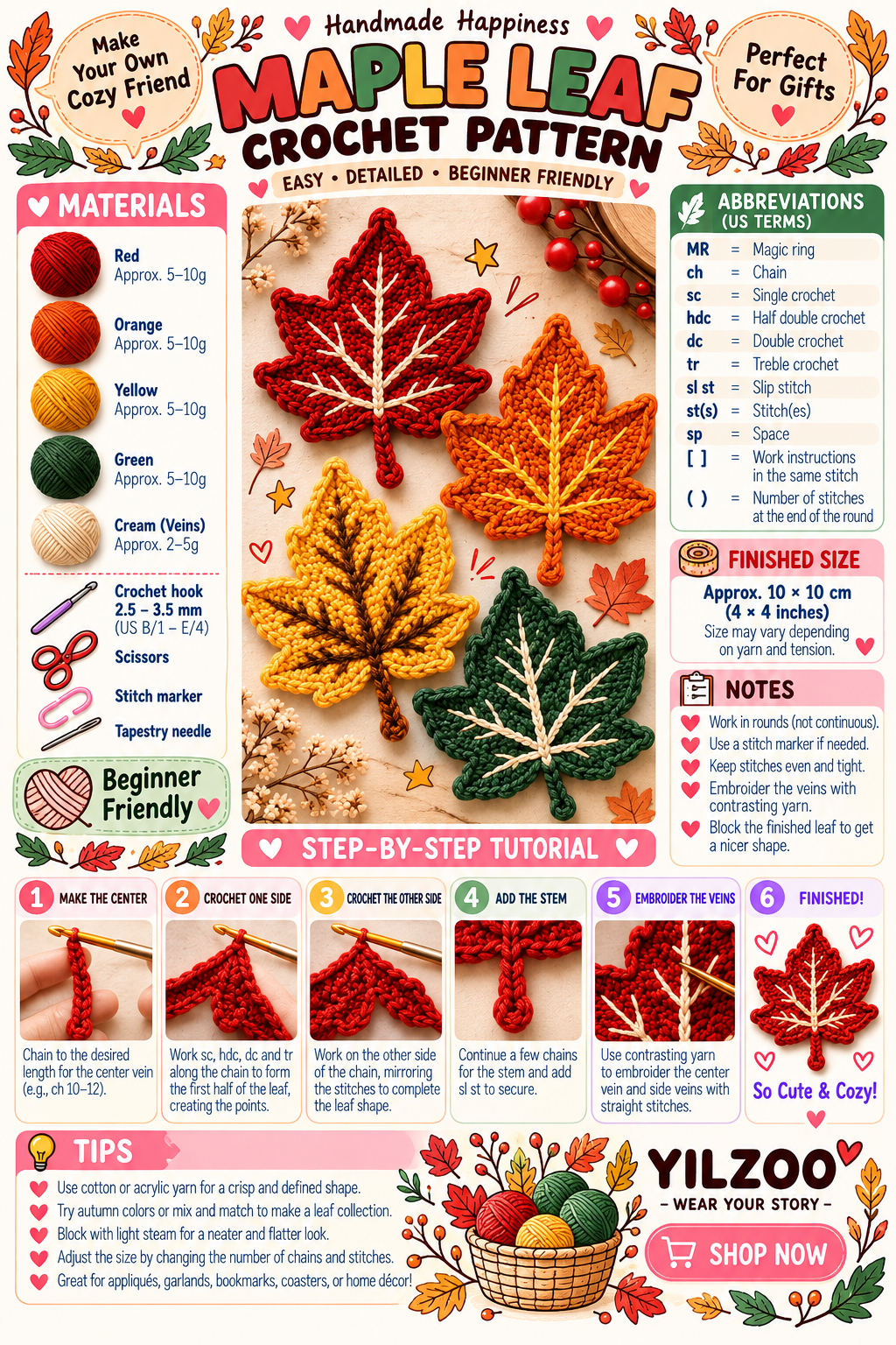 Crochet Fall Leaves Pattern PDF | Autumn Leaf Crochet Pattern - Yilzoo