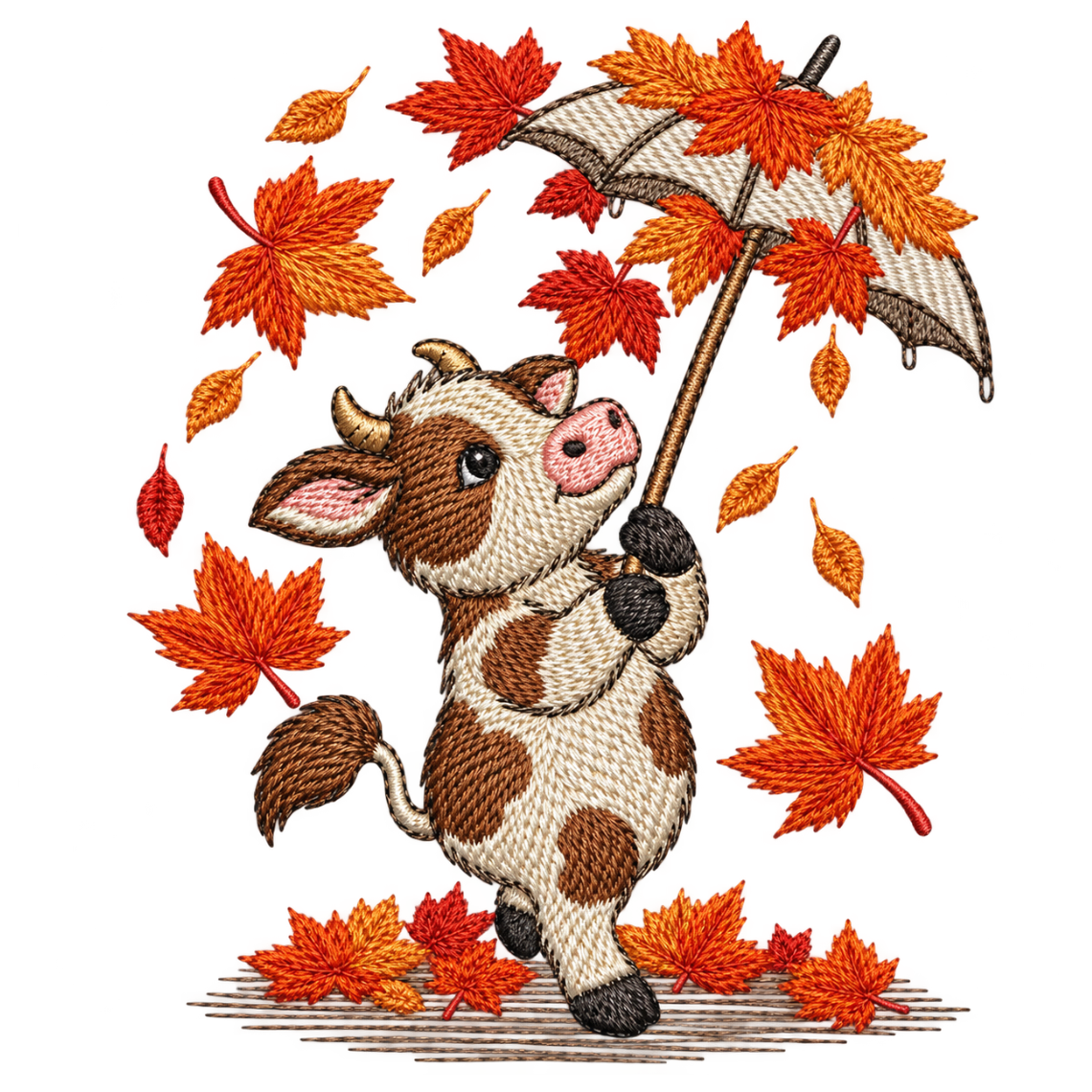 Cute Autumn Cow with Umbrella Embroidery Design