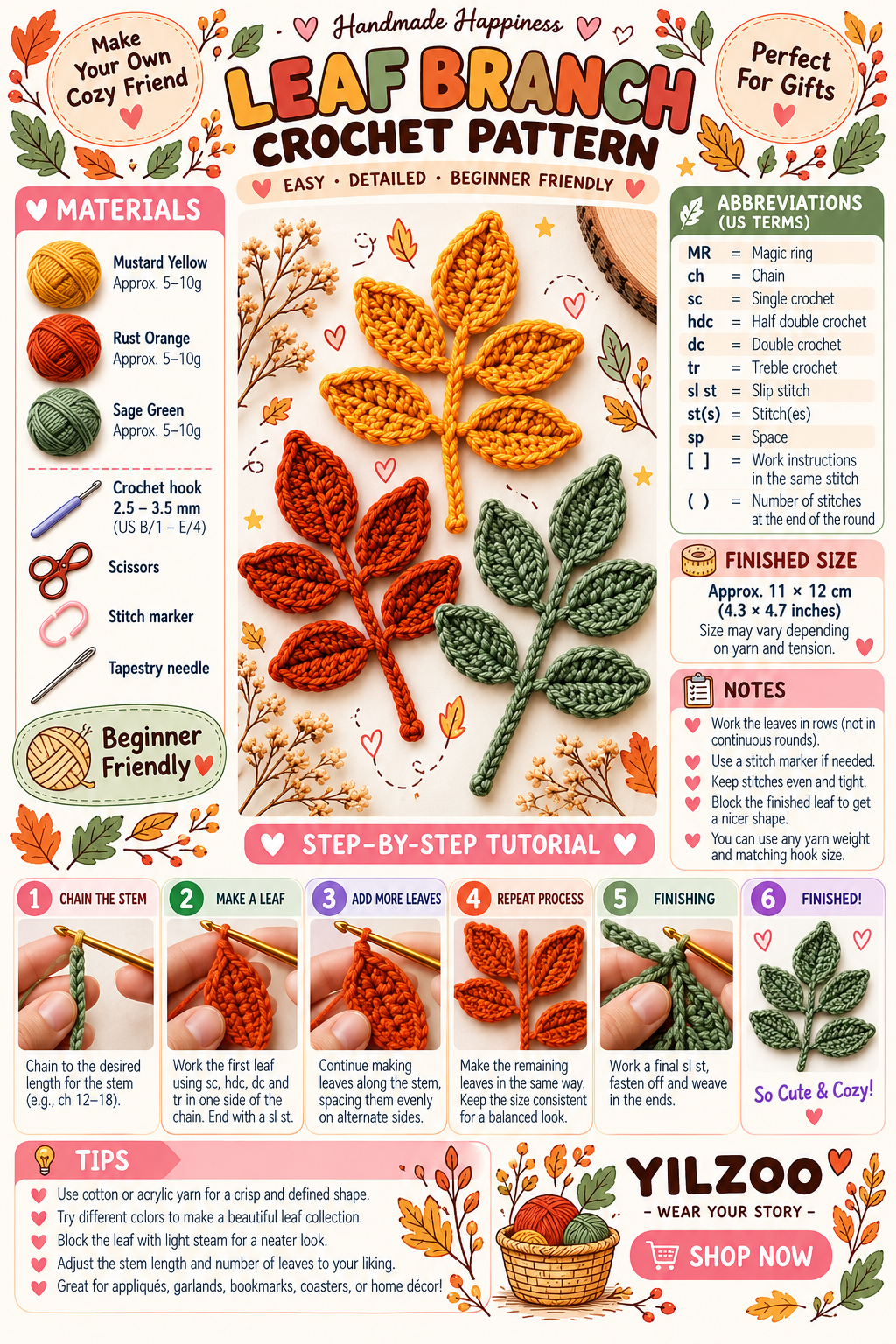 Crochet Autumn Leaves Pattern PDF | Colorful Fall Leaf Motifs - Yilzoo