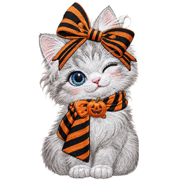 Cute Halloween White Cat with Pumpkin Tiger Bow Embroidery Design