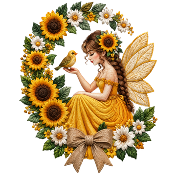 Sunflower Fairy with Bird and Floral Wreath Embroidery Design
