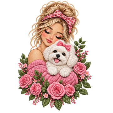 Girl Hugging Cute White Dog with Pink Roses Floral Embroidery Design