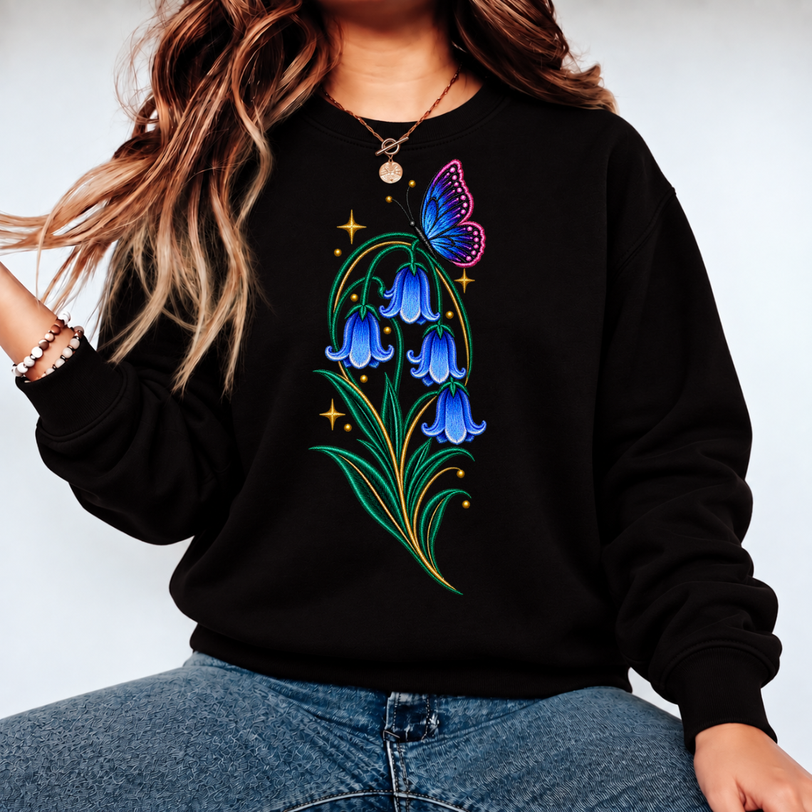 Bluebell & Butterfly Embroidery Design | Botanical Floral Pattern