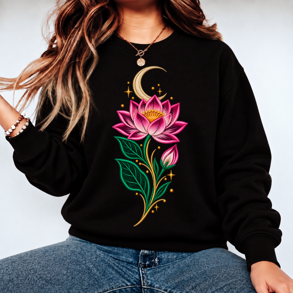 Mystical Lotus Embroidery Design | Moon & Floral Pattern