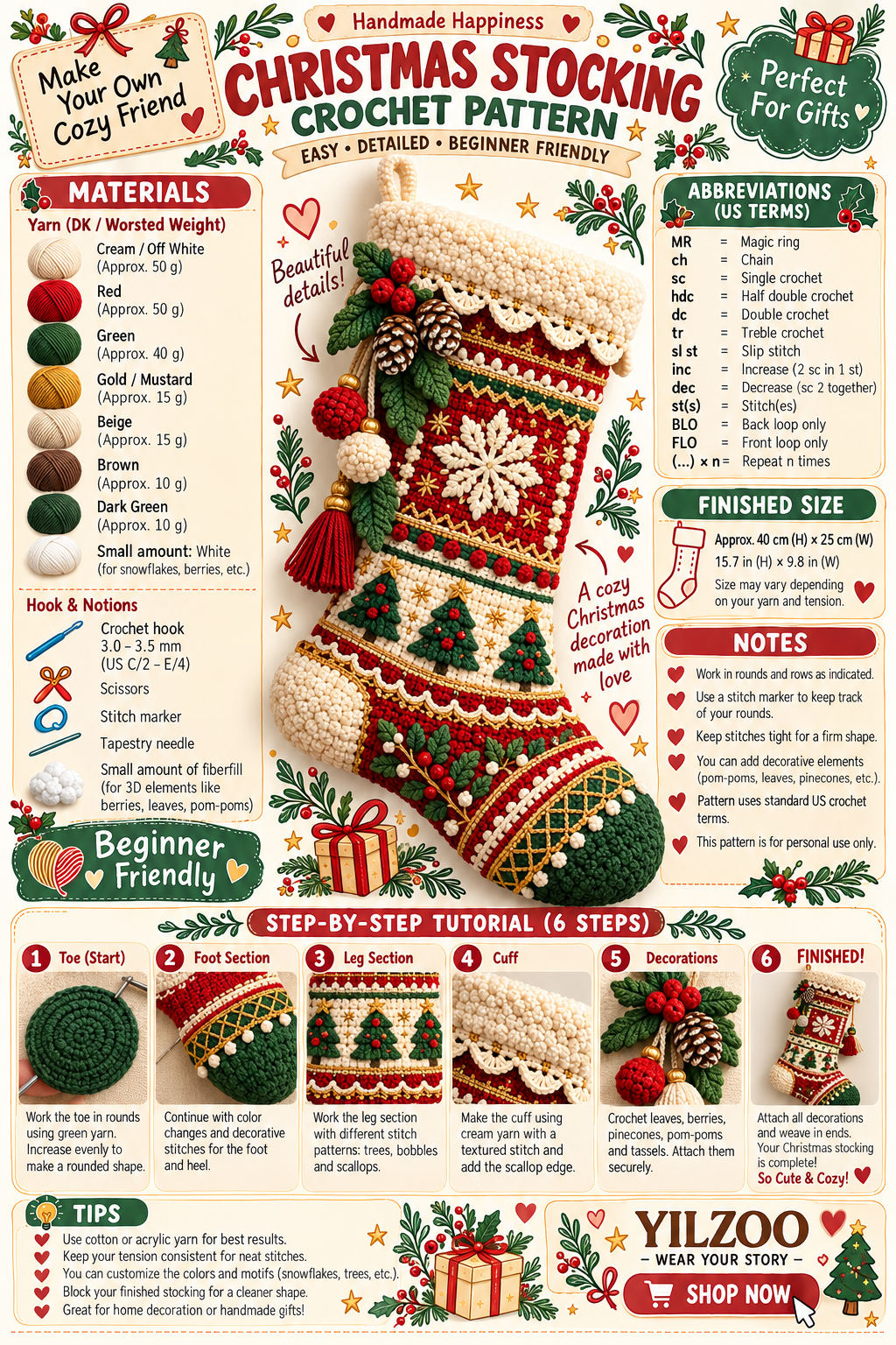 Santa Christmas Stocking Crochet Pattern PDF | Festive Holiday Stocking