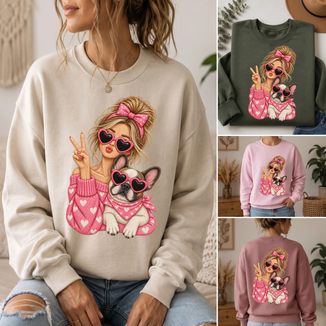 Girl and French Bulldog with Pink Hearts Sunglasses Embroidery Design