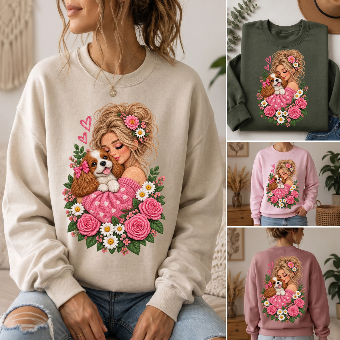 Girl Hugging Cavalier King Charles Spaniel with Pink Roses Embroidery Design