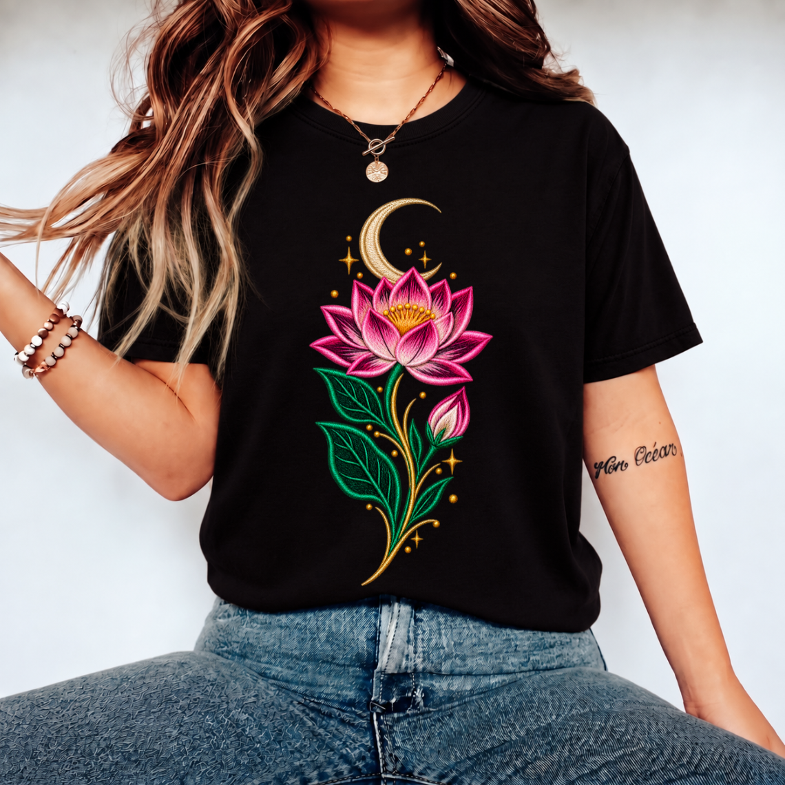 Mystical Lotus Embroidery Design | Moon & Floral Pattern