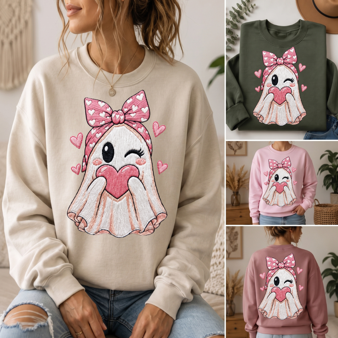Cute Ghost Heart Embroidery Design