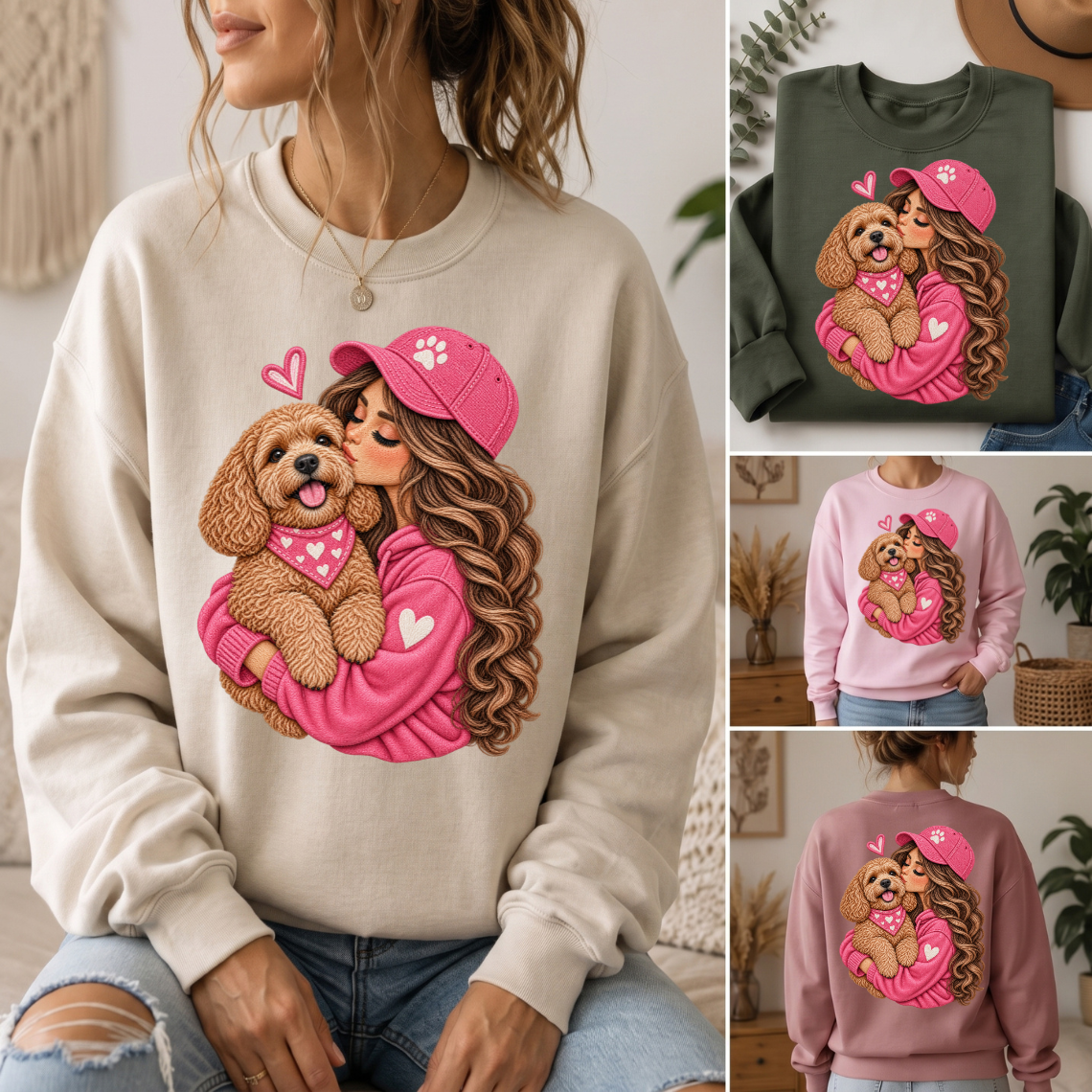 Girl Hugging Fluffy Brown Dog with Pink Hearts Embroidery Design
