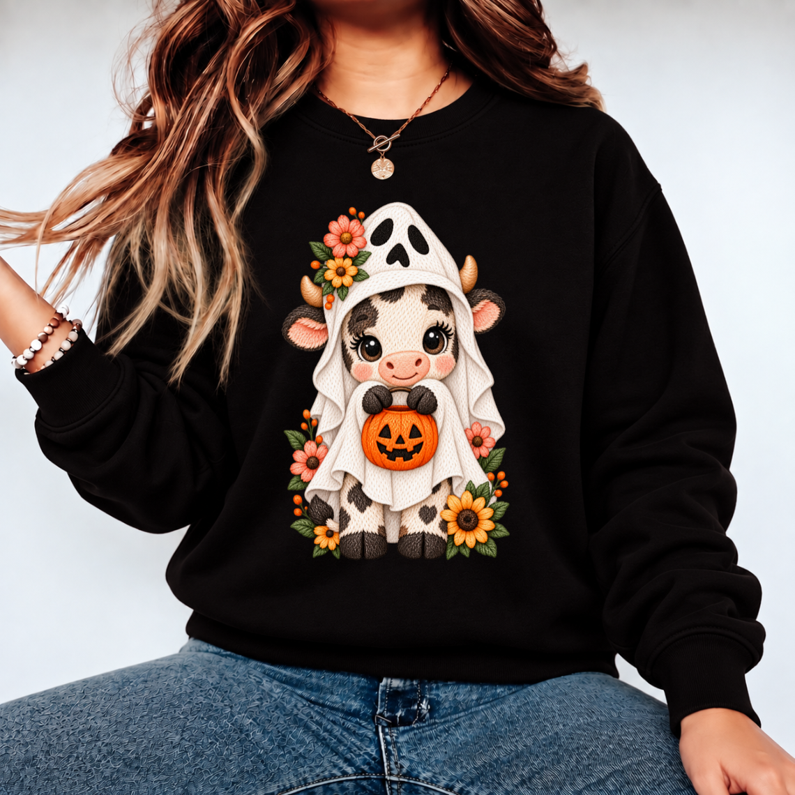 Cute Halloween Cow Ghost with Pumpkin Floral Embroidery Design