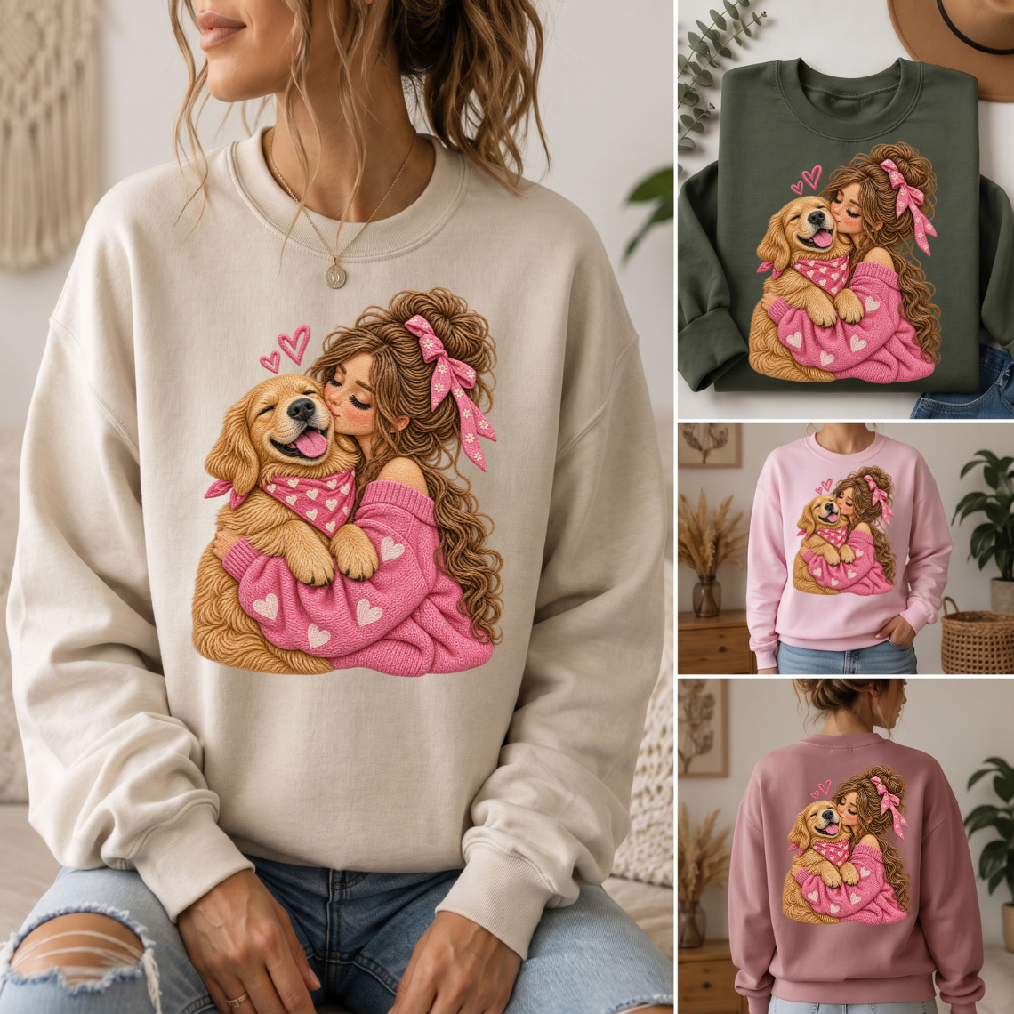 Girl Kissing Golden Retriever in Pink Sweater Embroidery Design