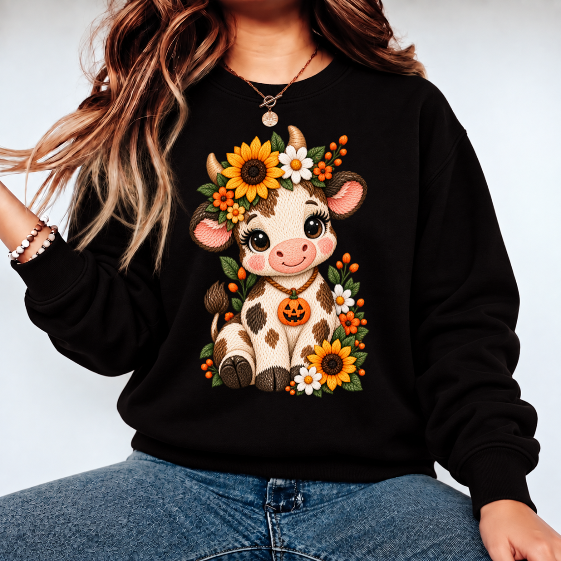 Cute Witch Cow with Pumpkin and Pink Floral Halloween Embroidery Design