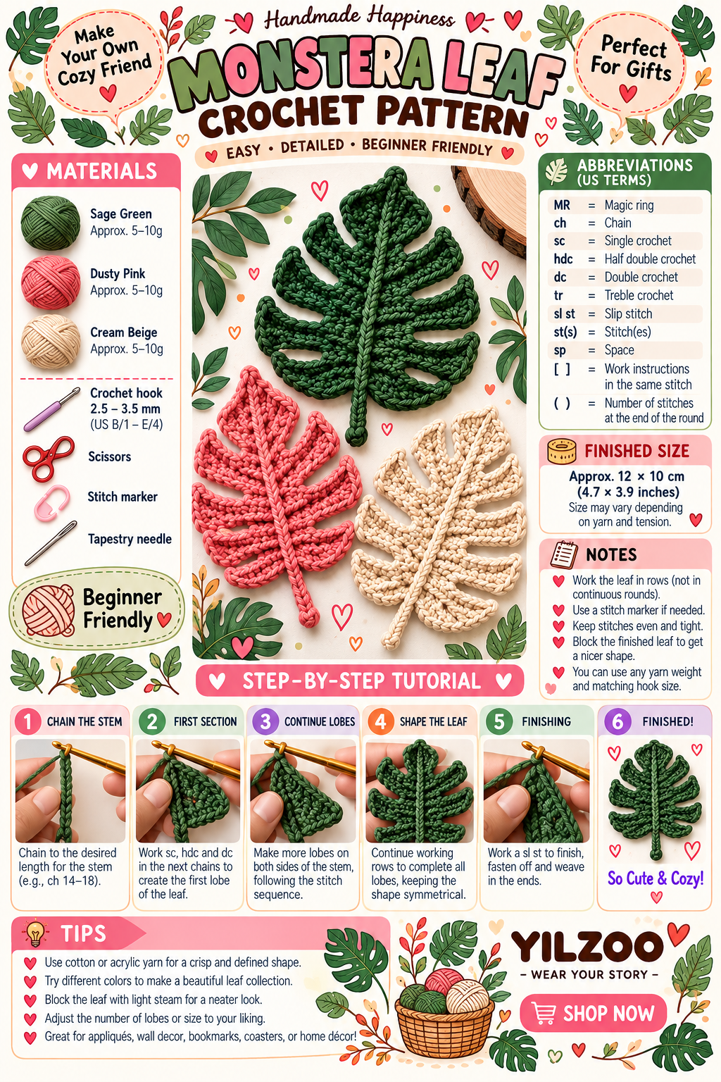 Crochet Leaf Applique Pattern PDF | Fall Leaf Crochet - Yilzoo