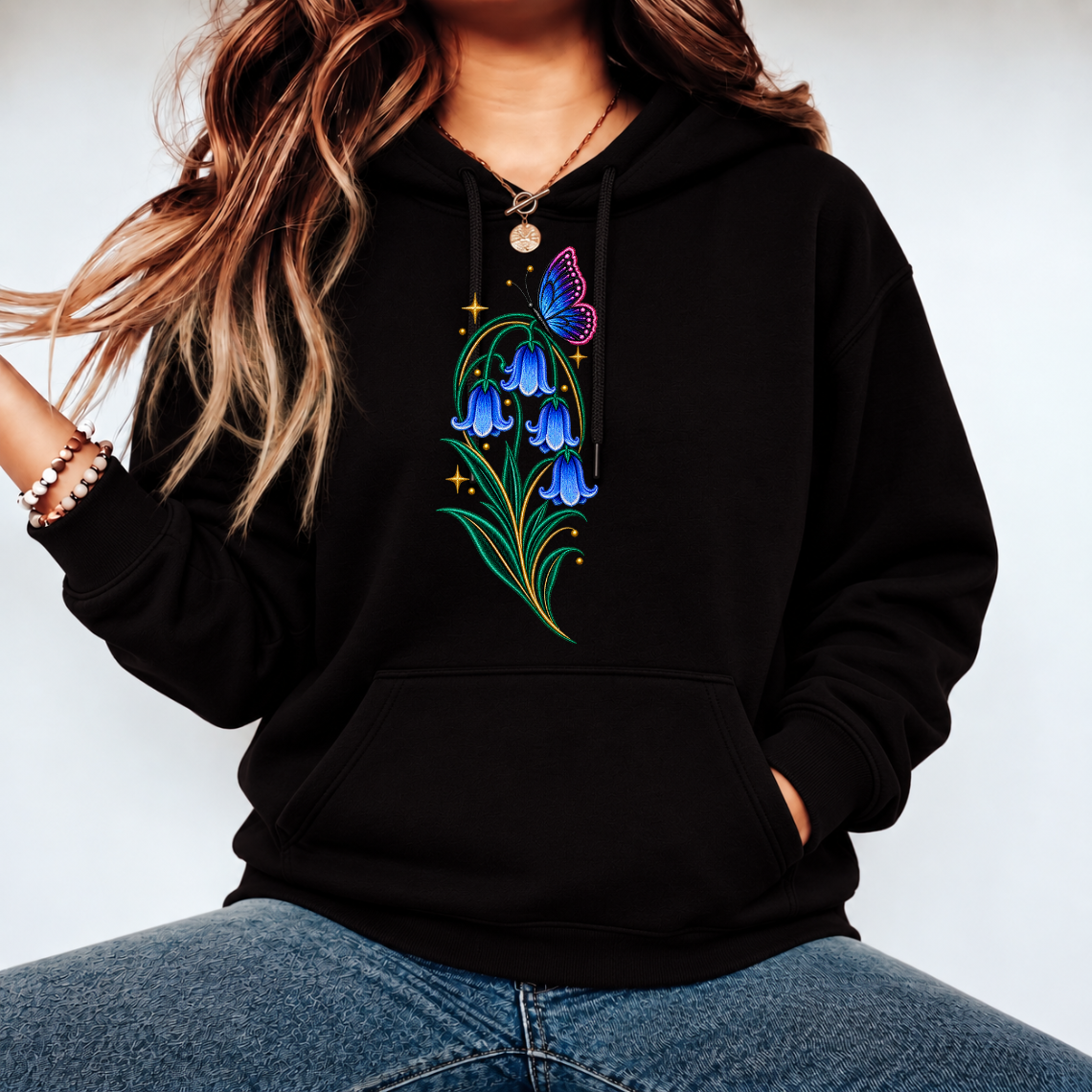 Bluebell & Butterfly Embroidery Design | Botanical Floral Pattern