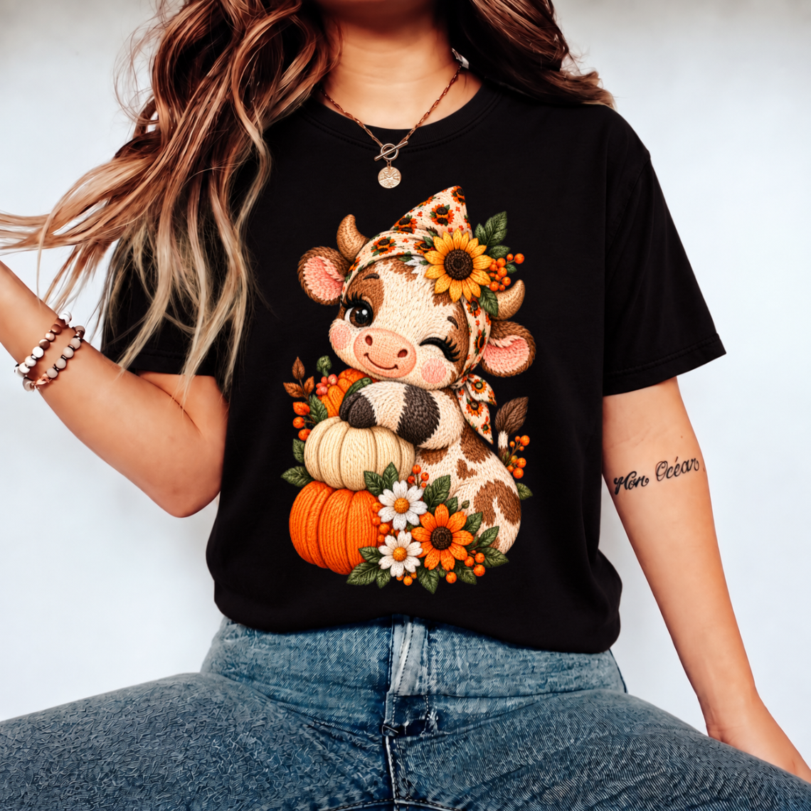 Cute Fall Cow with Pumpkins and Sunflower Floral Embroidery Design