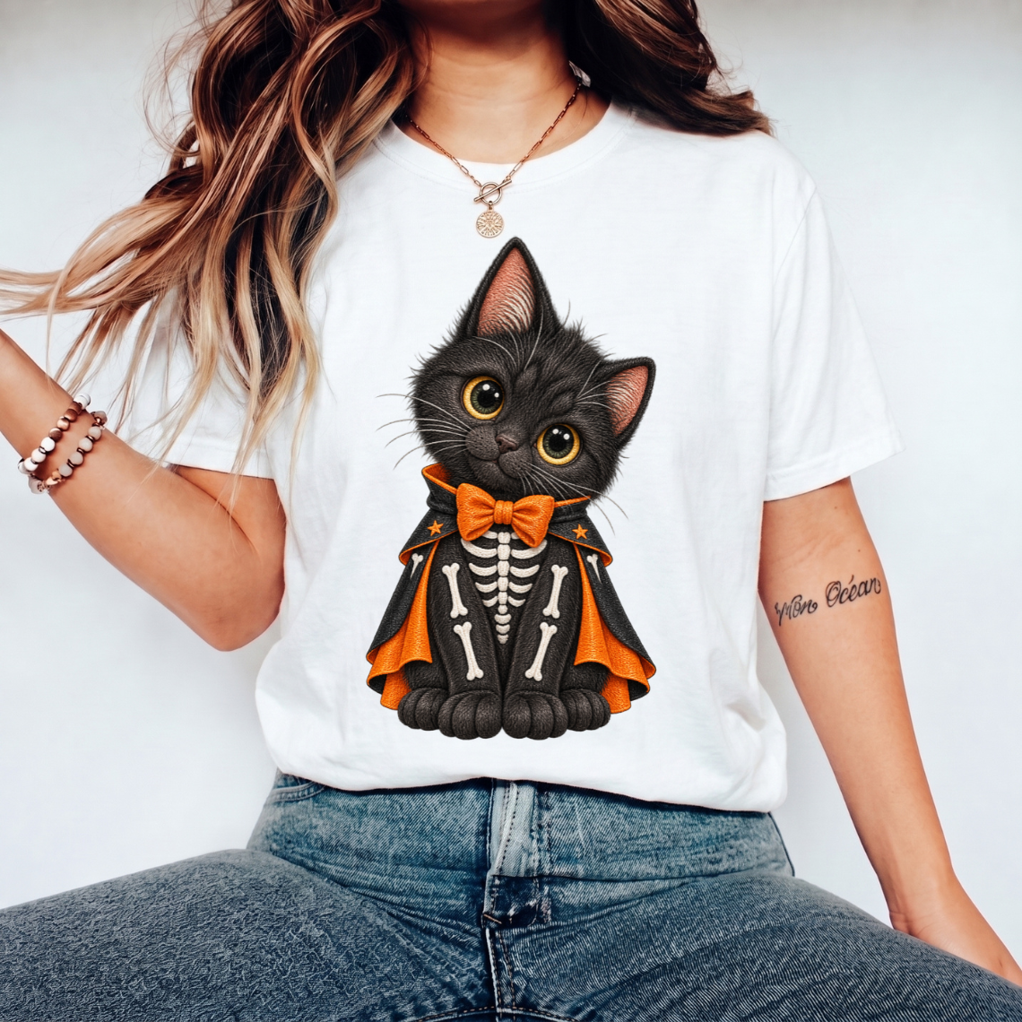 Black Witch Cat with Pumpkin Bow Halloween Embroidery Design