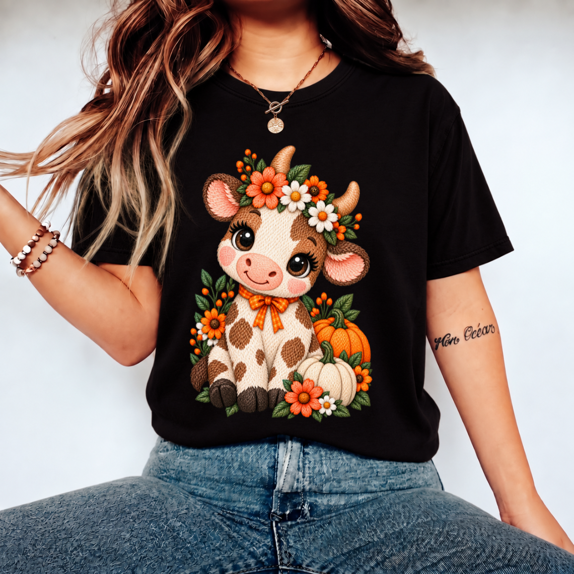 Cute Fall Cow with Pumpkins Sunflowers and Floral Embroidery Design