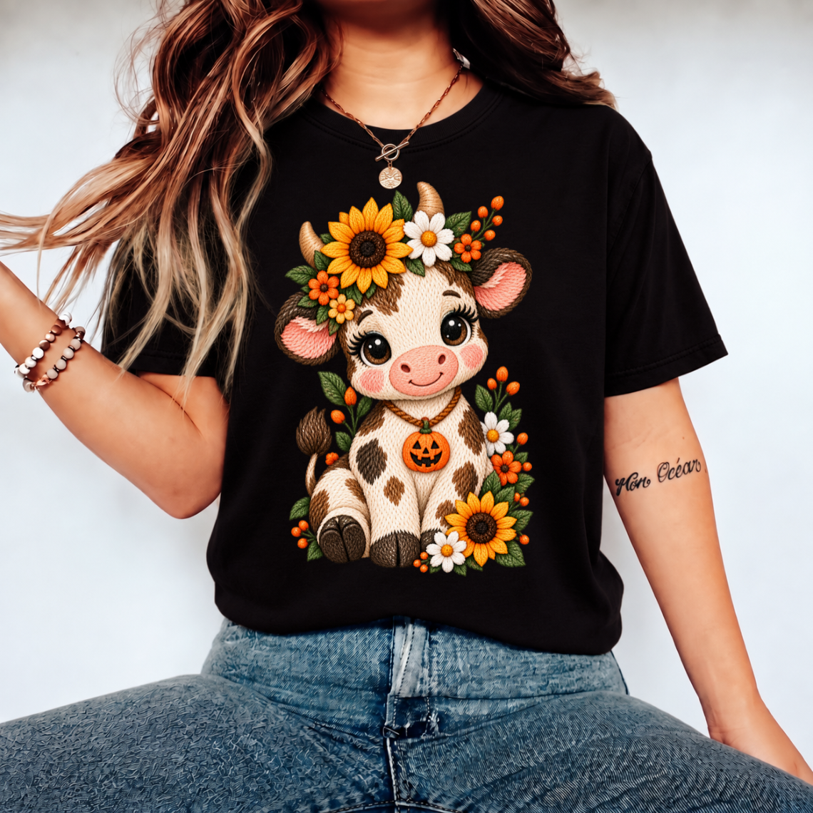 Cute Witch Cow with Pumpkin and Pink Floral Halloween Embroidery Design