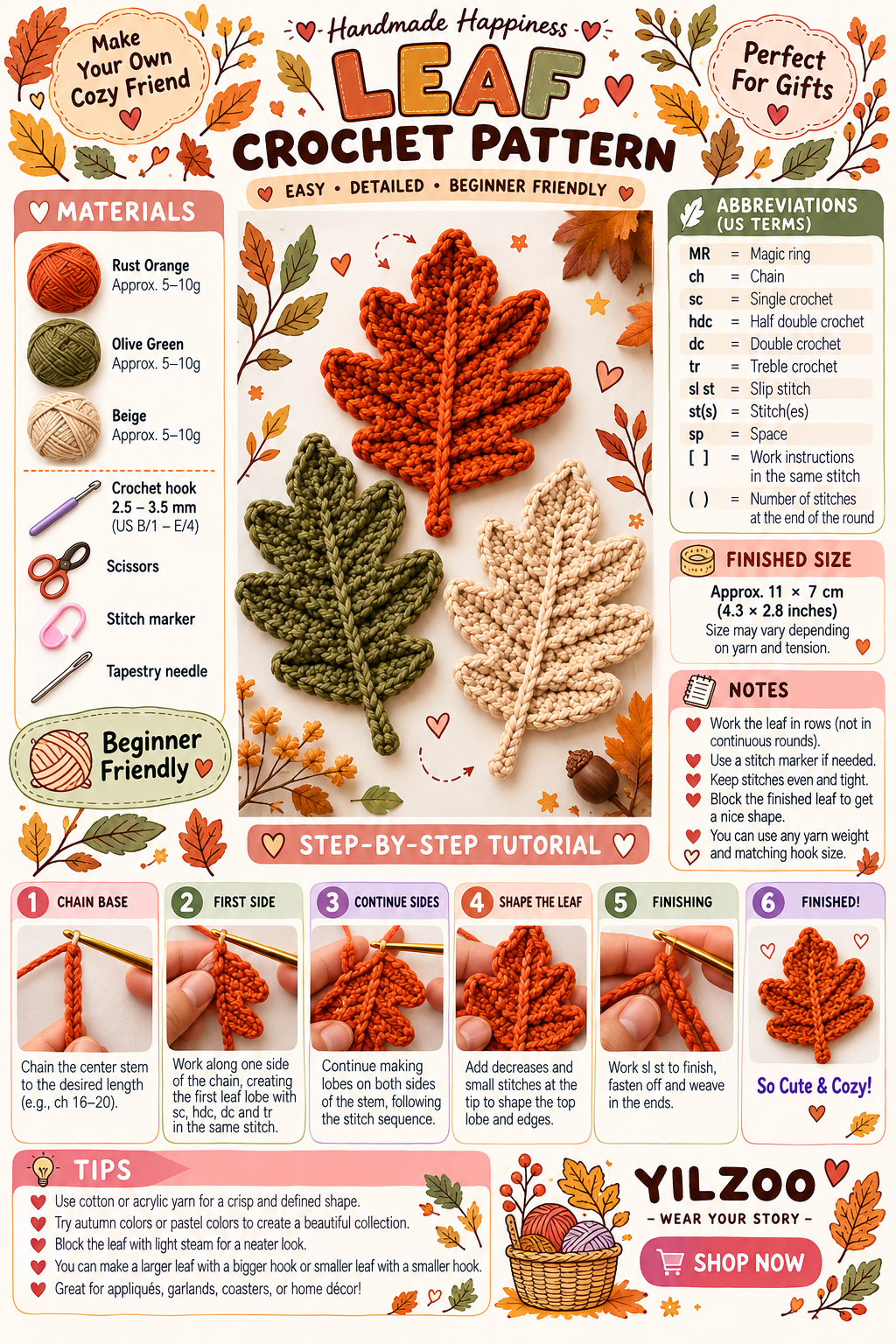 Crochet Leaves for Fall | Maple Leaf Crochet Pattern PDF - Yilzoo