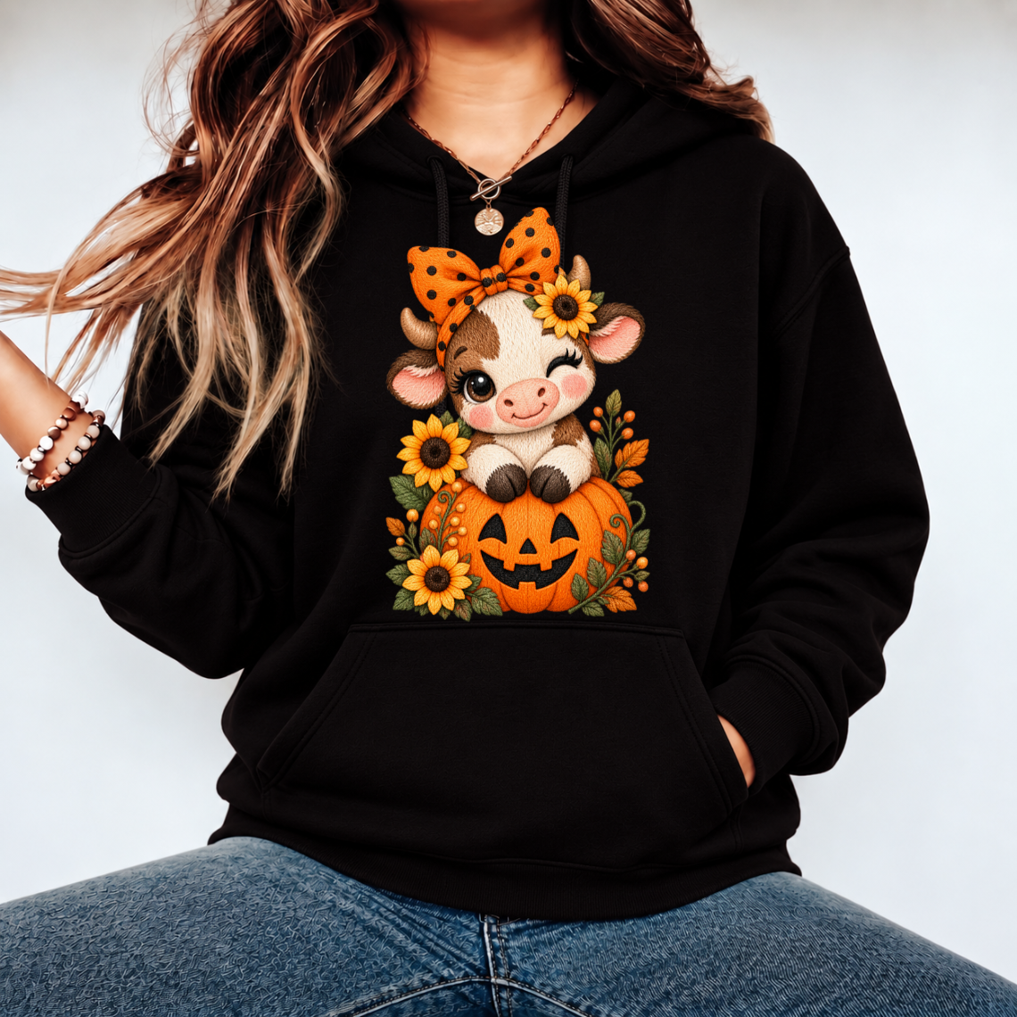Cute Fall Cow with Sunflower Crown and Pumpkin Embroidery Design