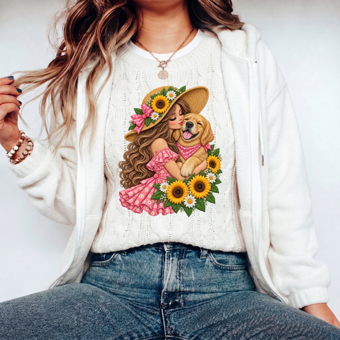 Girl Hugging Golden Retriever with Sunflowers and Floral Embroidery Design
