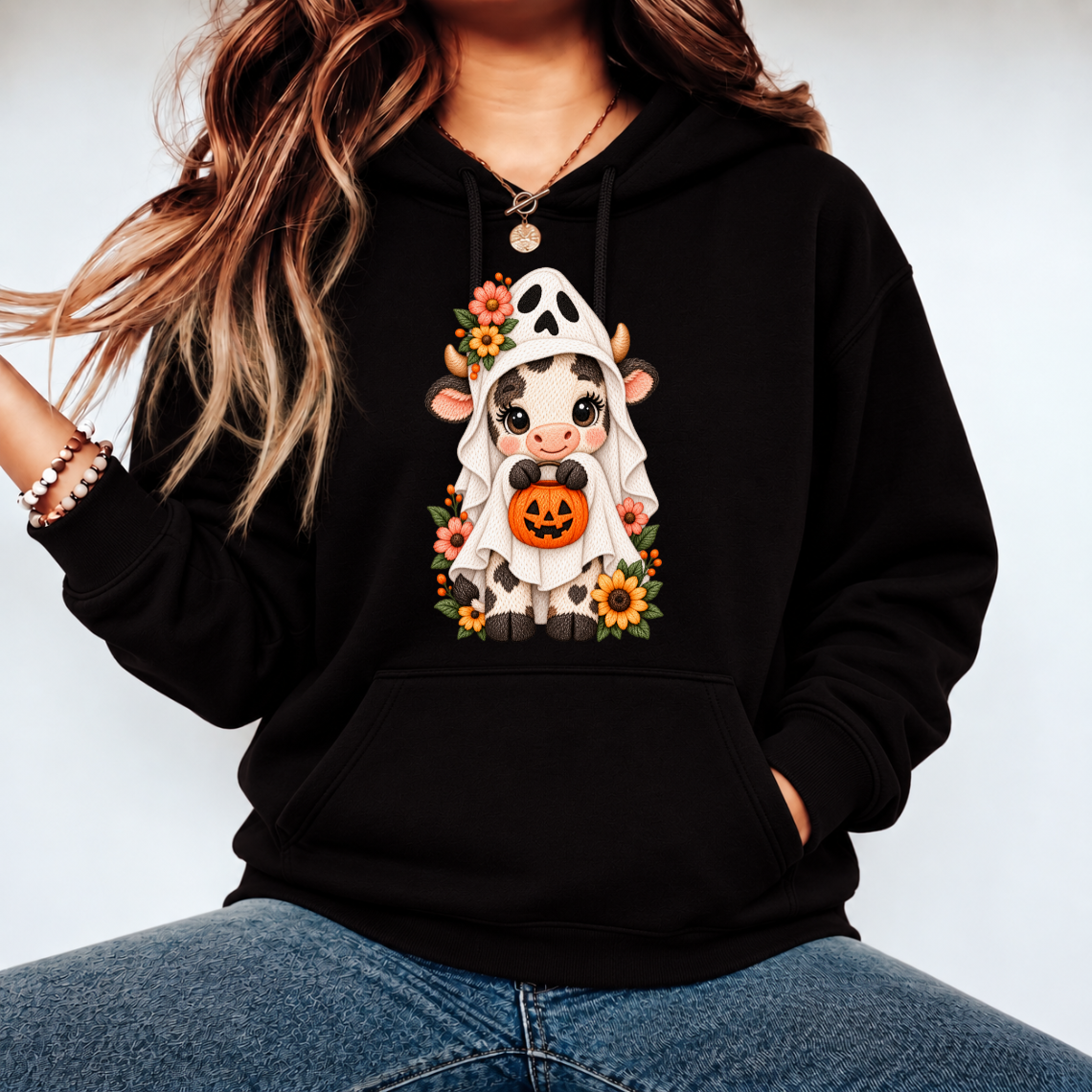 Cute Halloween Cow Ghost with Pumpkin Floral Embroidery Design