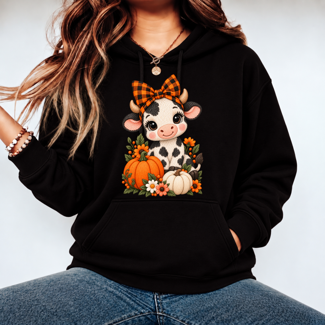 Cute Cow with Pumpkin Orange Bow and Sunflowers Fall Embroidery Design