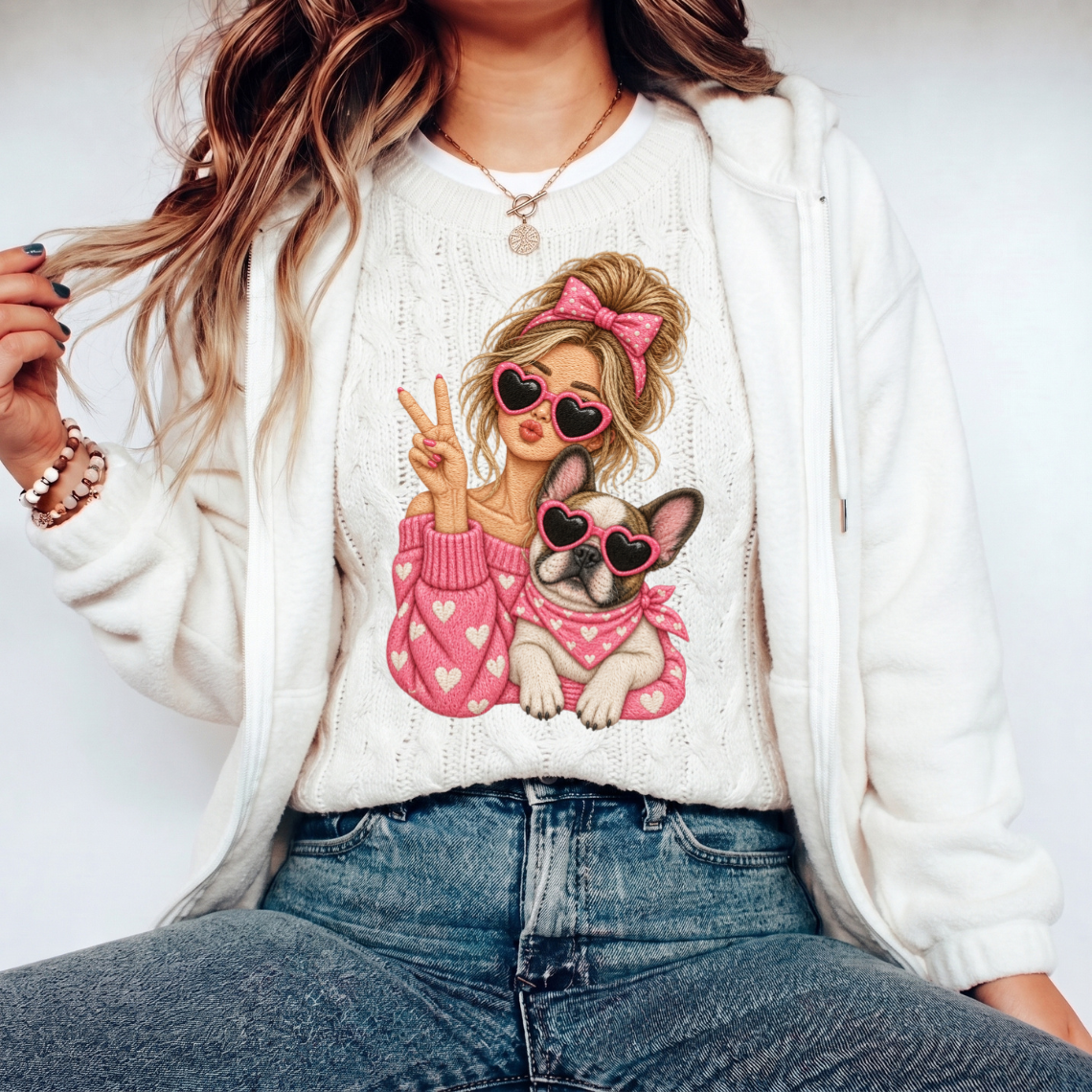 Girl and French Bulldog with Pink Hearts Sunglasses Embroidery Design