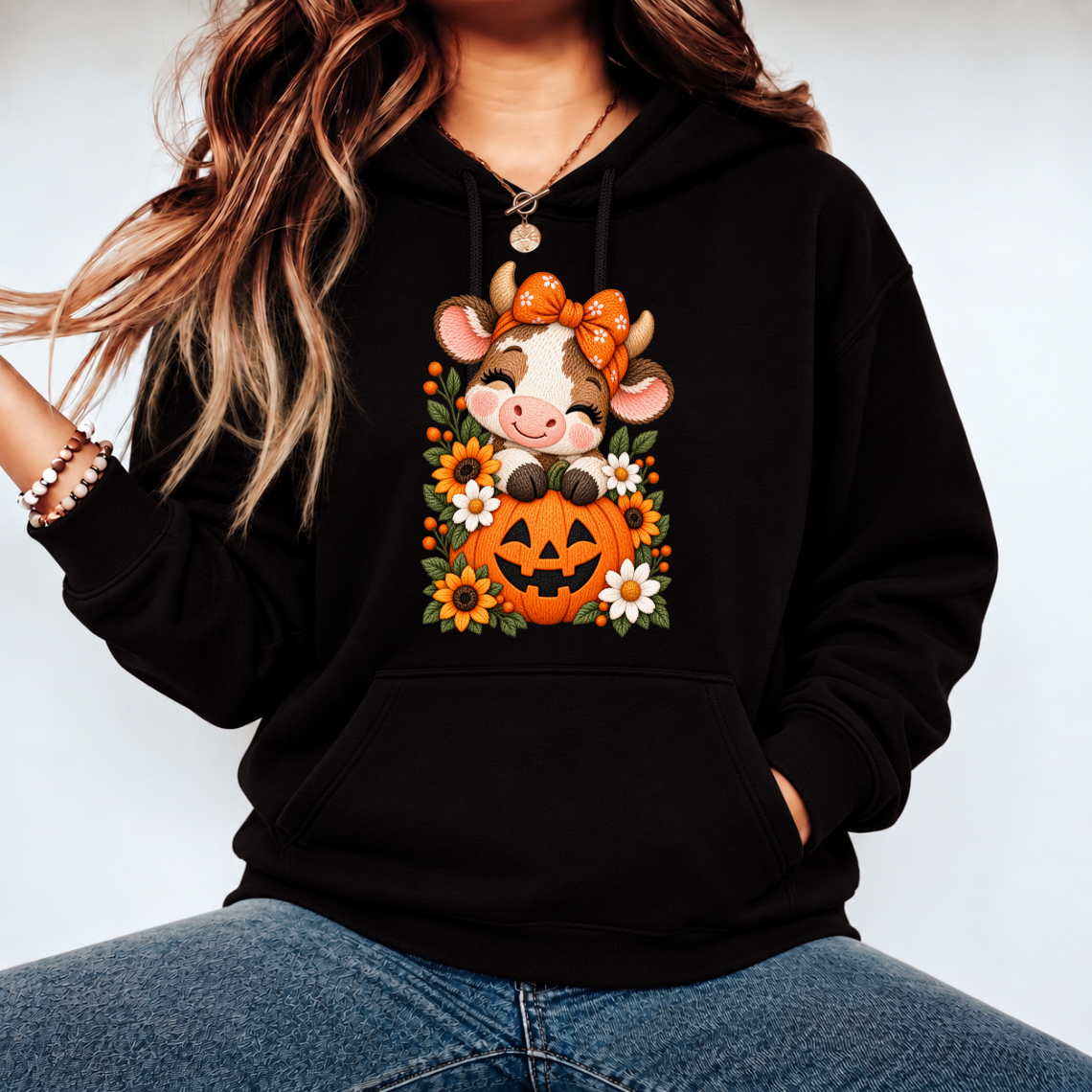 Cute Cow with Pumpkin and Floral Bow Halloween Embroidery Design