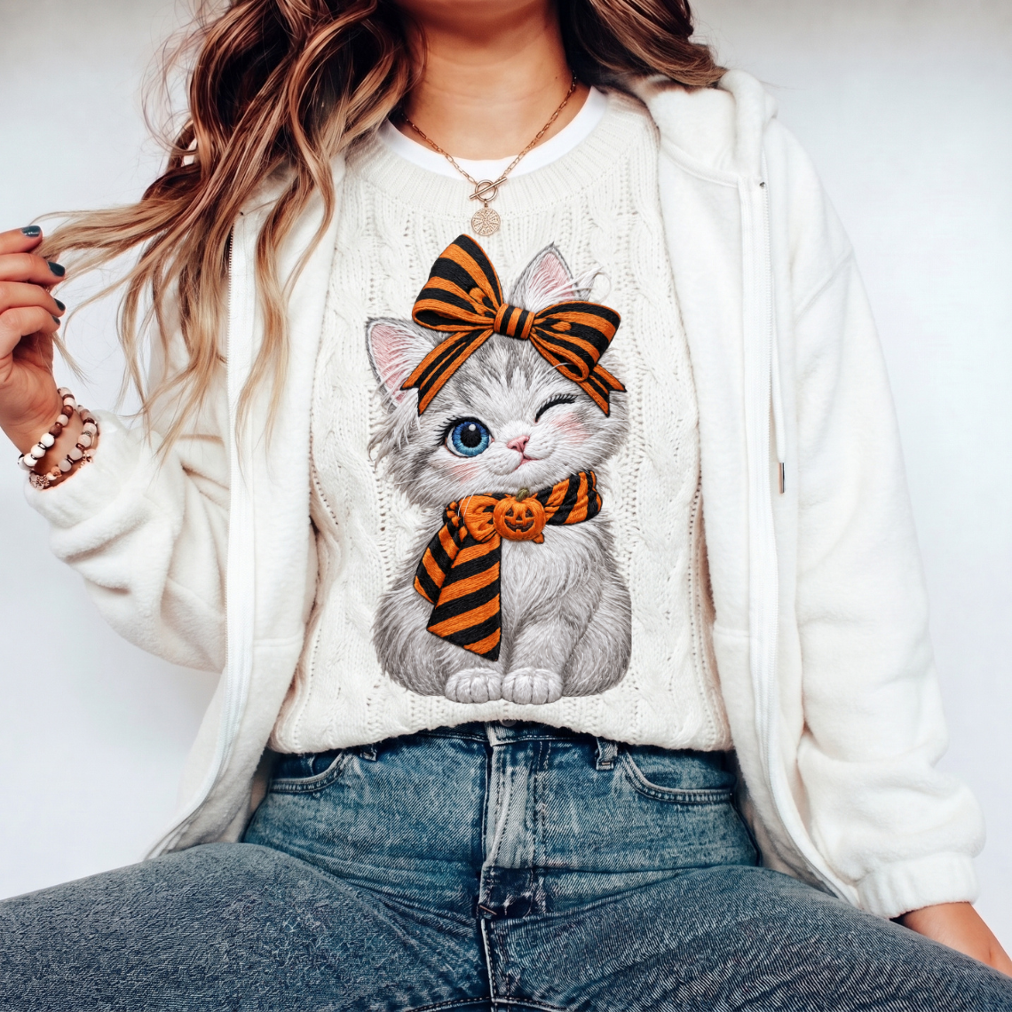 Cute Halloween White Cat with Pumpkin Tiger Bow Embroidery Design