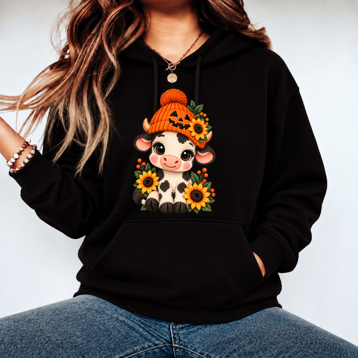 Cute Halloween Cow with Pumpkin Hat and Sunflowers Embroidery Design