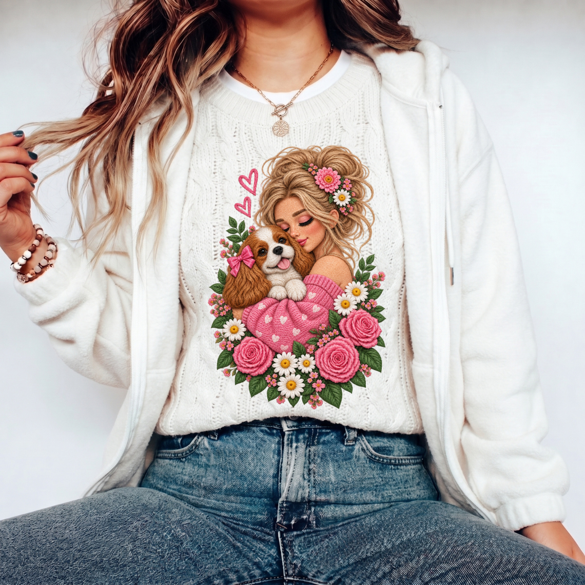Girl Hugging Cavalier King Charles Spaniel with Pink Roses Embroidery Design