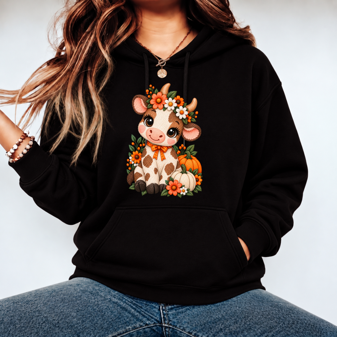 Cute Fall Cow with Pumpkins Sunflowers and Floral Embroidery Design