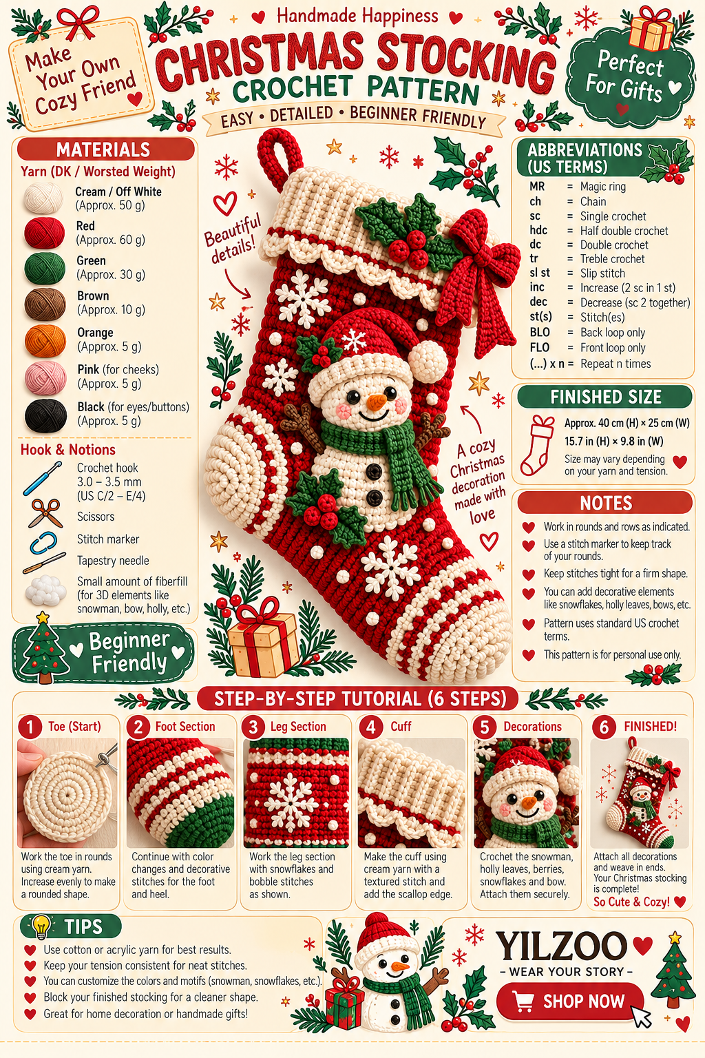 Snowman Christmas Stocking Crochet Pattern PDF | Christmas Crochet Pattern - Yilzoo