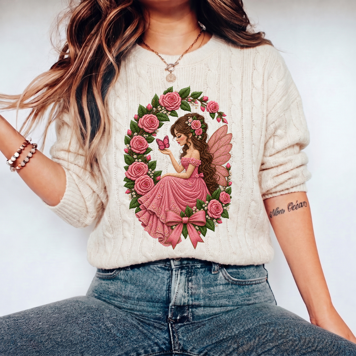 Pink Rose Fairy with Butterfly and Floral Wreath Embroidery Design
