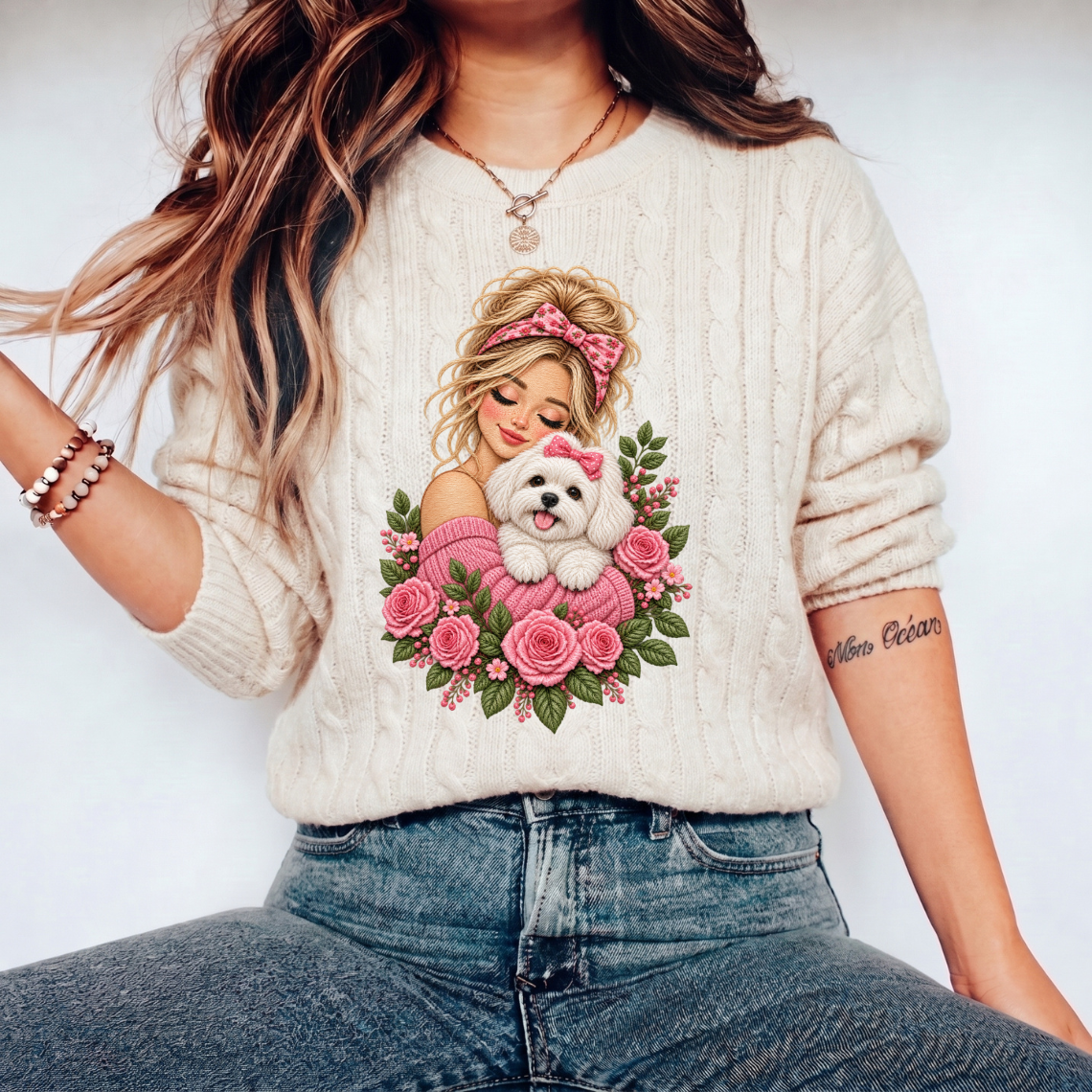 Girl Hugging Cute White Dog with Pink Roses Floral Embroidery Design