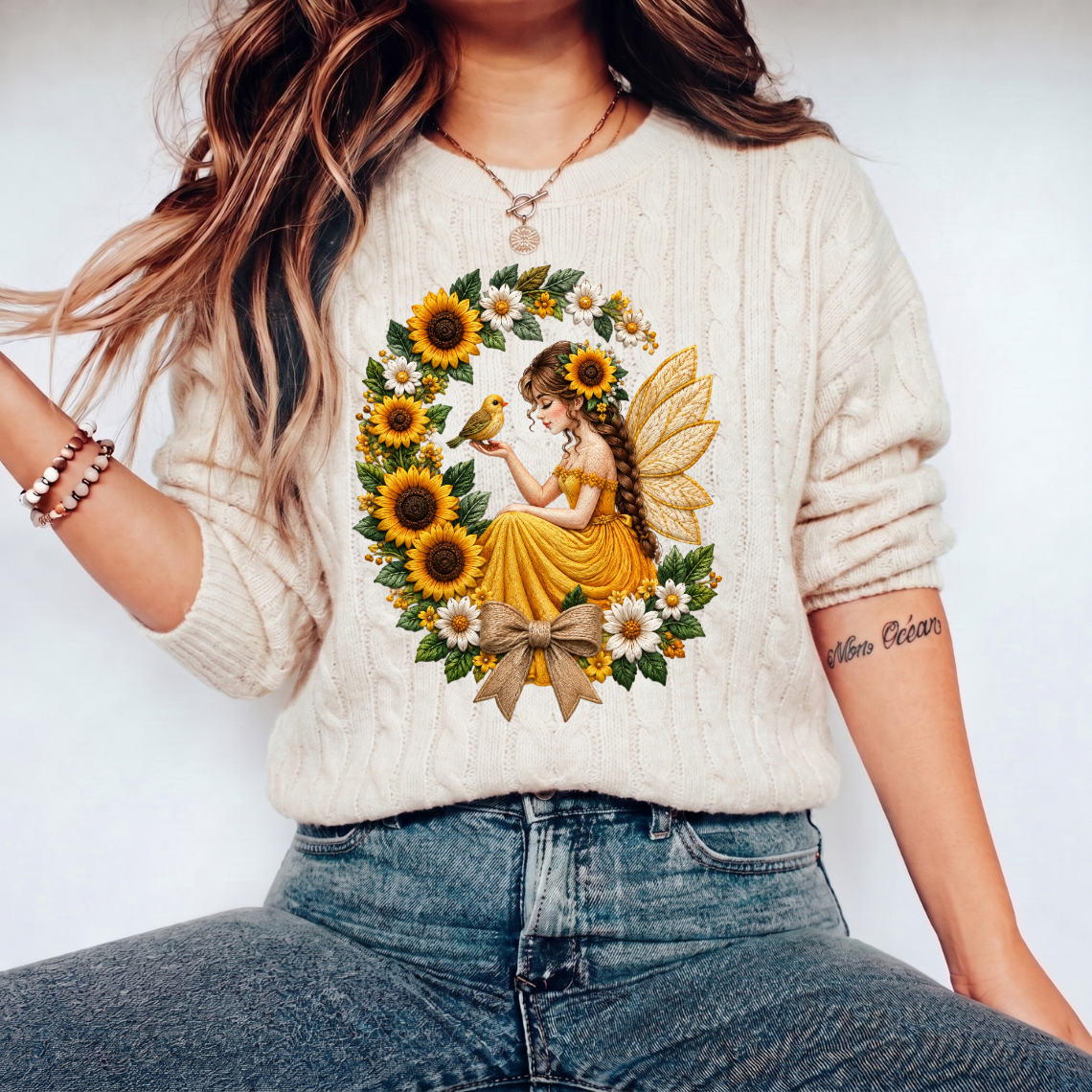 Sunflower Fairy with Bird and Floral Wreath Embroidery Design