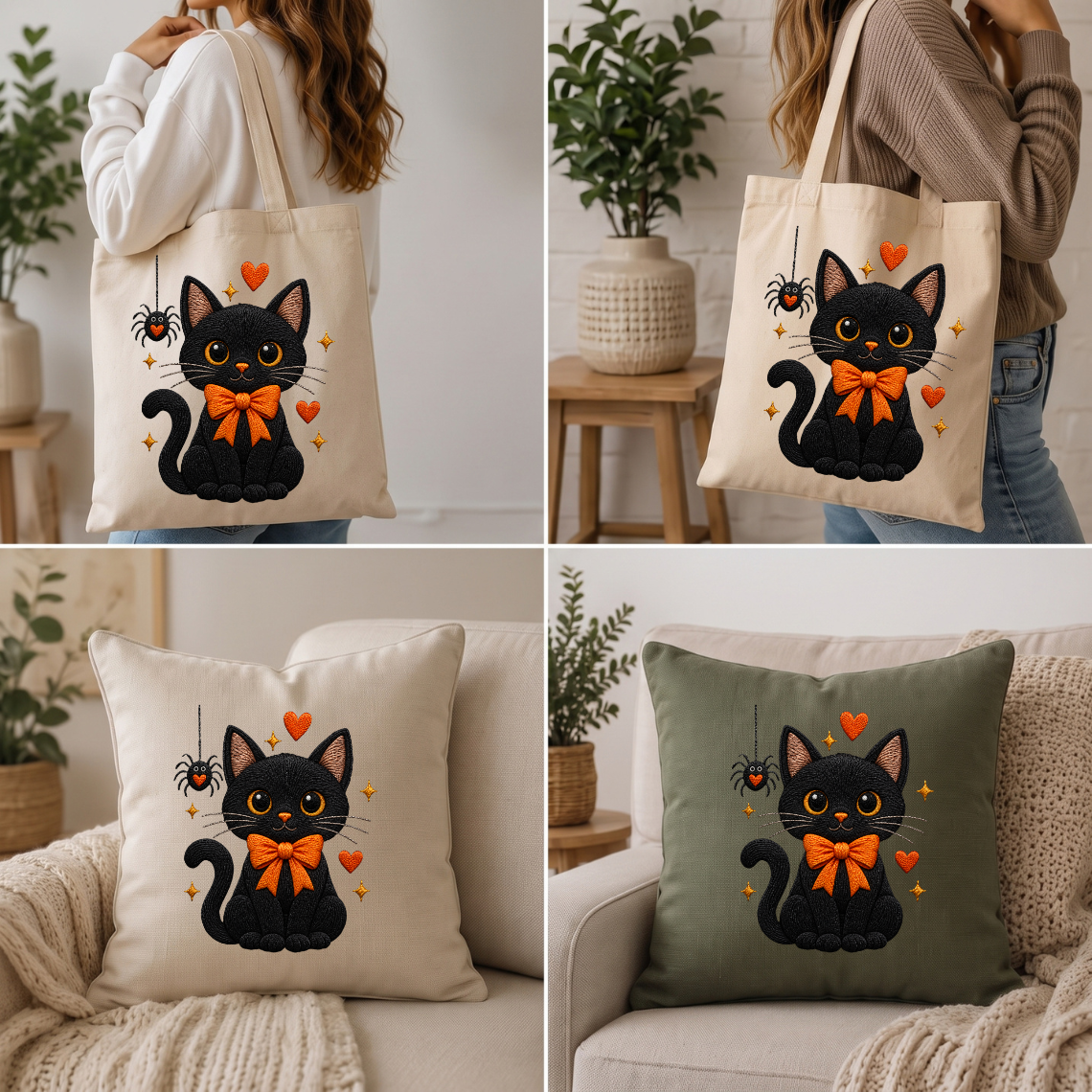 Black Cat Halloween Bow Embroidery Design