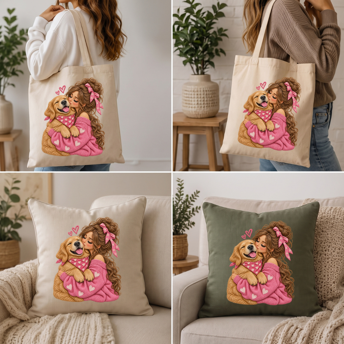 Girl Kissing Golden Retriever in Pink Sweater Embroidery Design