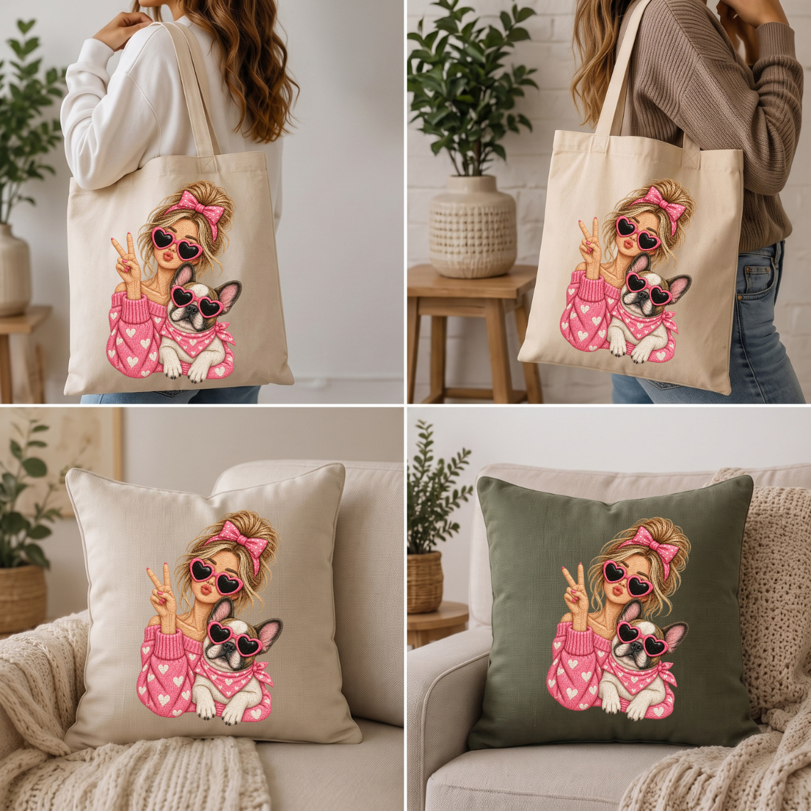 Girl and French Bulldog with Pink Hearts Sunglasses Embroidery Design