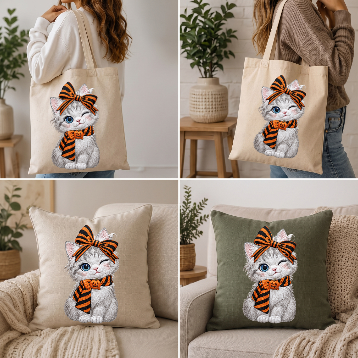 Cute Halloween White Cat with Pumpkin Tiger Bow Embroidery Design