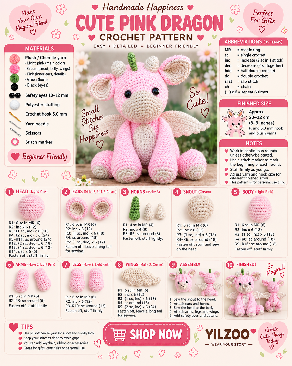 Crochet Dragon Pattern PDF | Cute Pink Amigurumi Dragon Crochet Pattern | Fantasy Crochet Toy