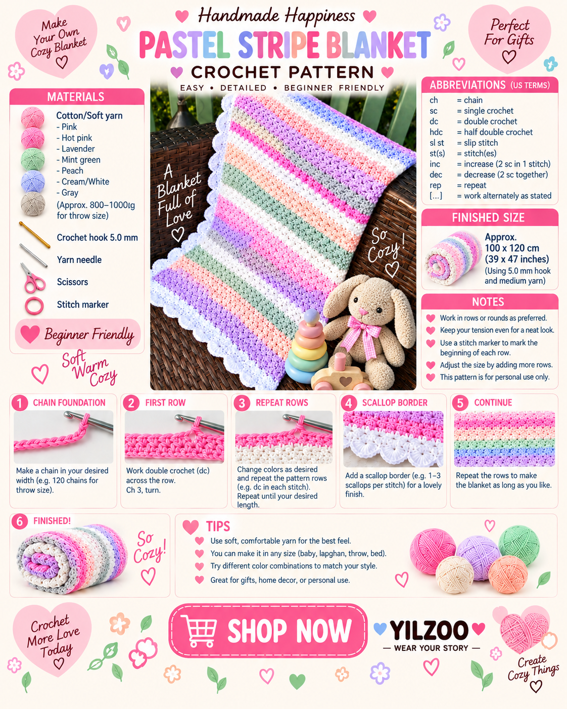 Multicolor Crochet Baby Blanket Pattern PDF | Pastel Striped Baby Blanket | Crochet Pattern