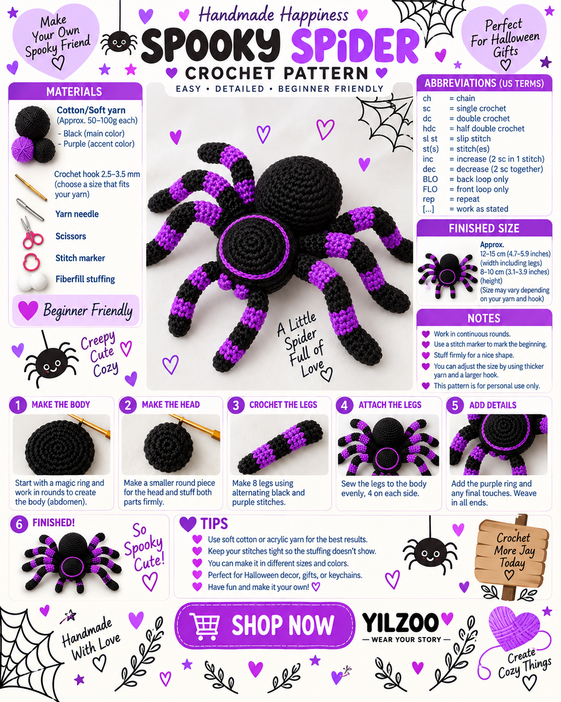 Halloween Spider Crochet Pattern PDF | Purple Black Amigurumi Spider | Spooky Crochet Toy