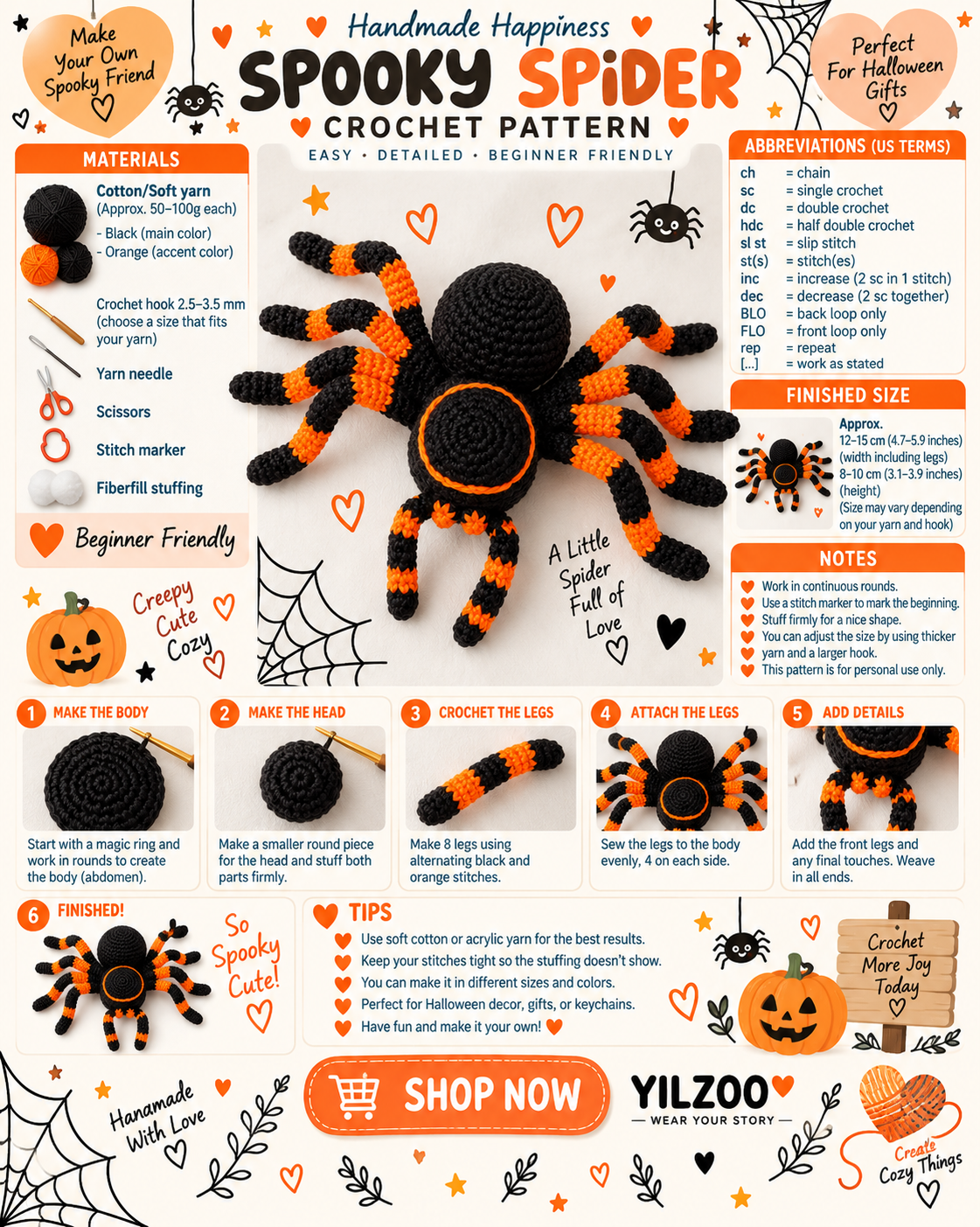 Halloween Spider Crochet Pattern | Orange Black Amigurumi Spider PDF | Crochet Halloween Toy