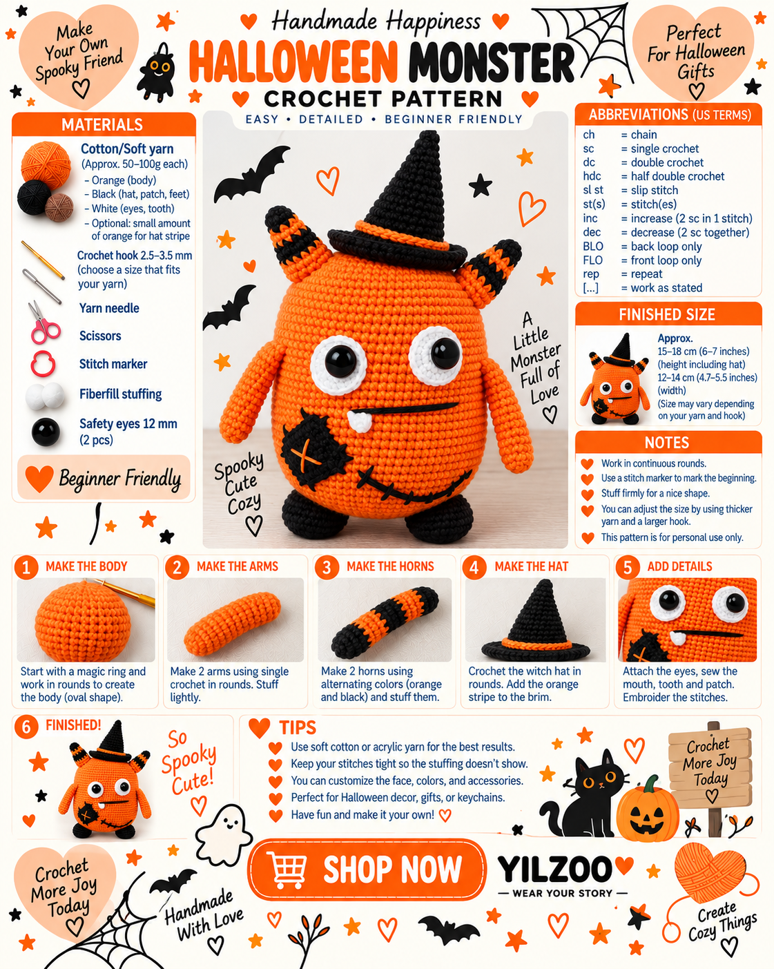 Halloween Witch Crochet Pattern | Orange Amigurumi Witch PDF | Spooky Crochet Toy