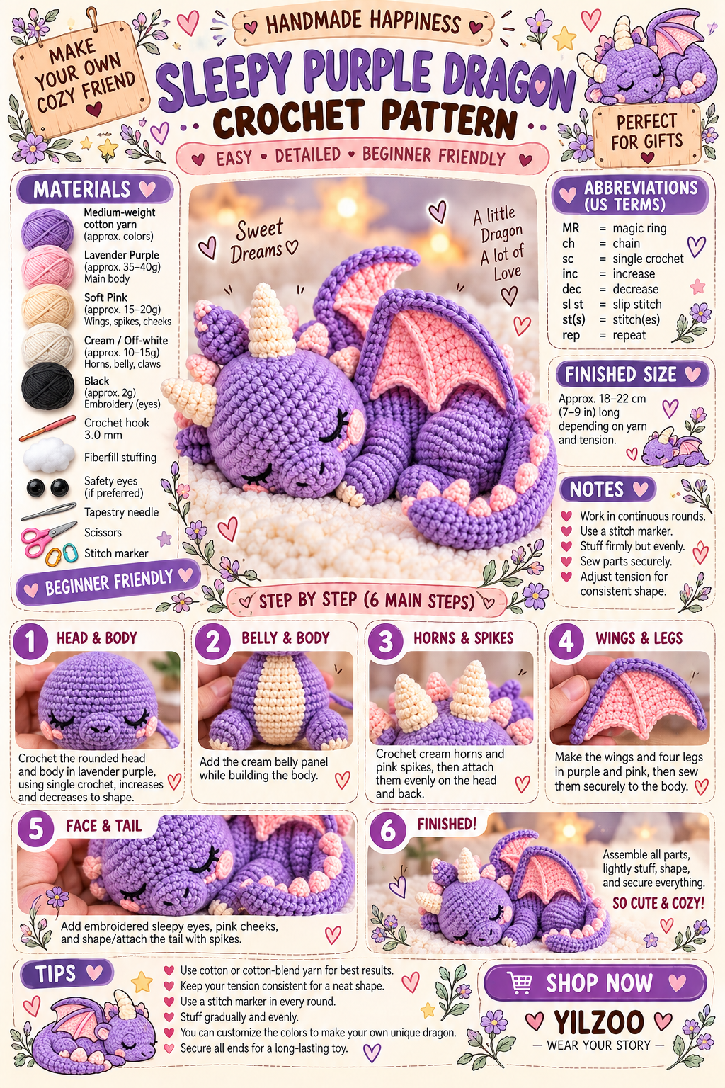 Baby Dragon Crochet Pattern PDF | Cute Dragon Amigurumi | Fantasy Crochet