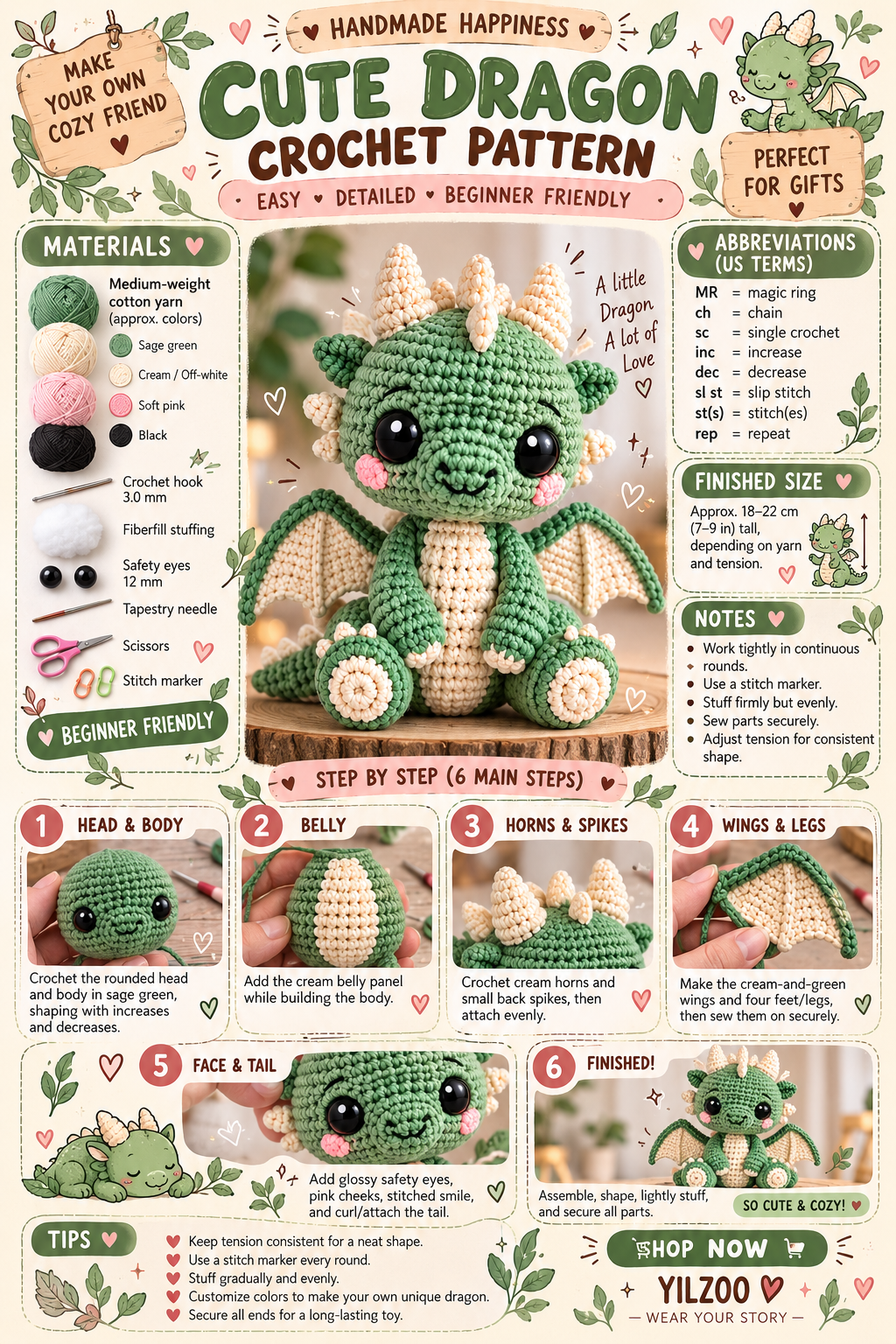 Baby Dragon Amigurumi Crochet Pattern PDF | Cute Fantasy Dragon | DIY Crochet