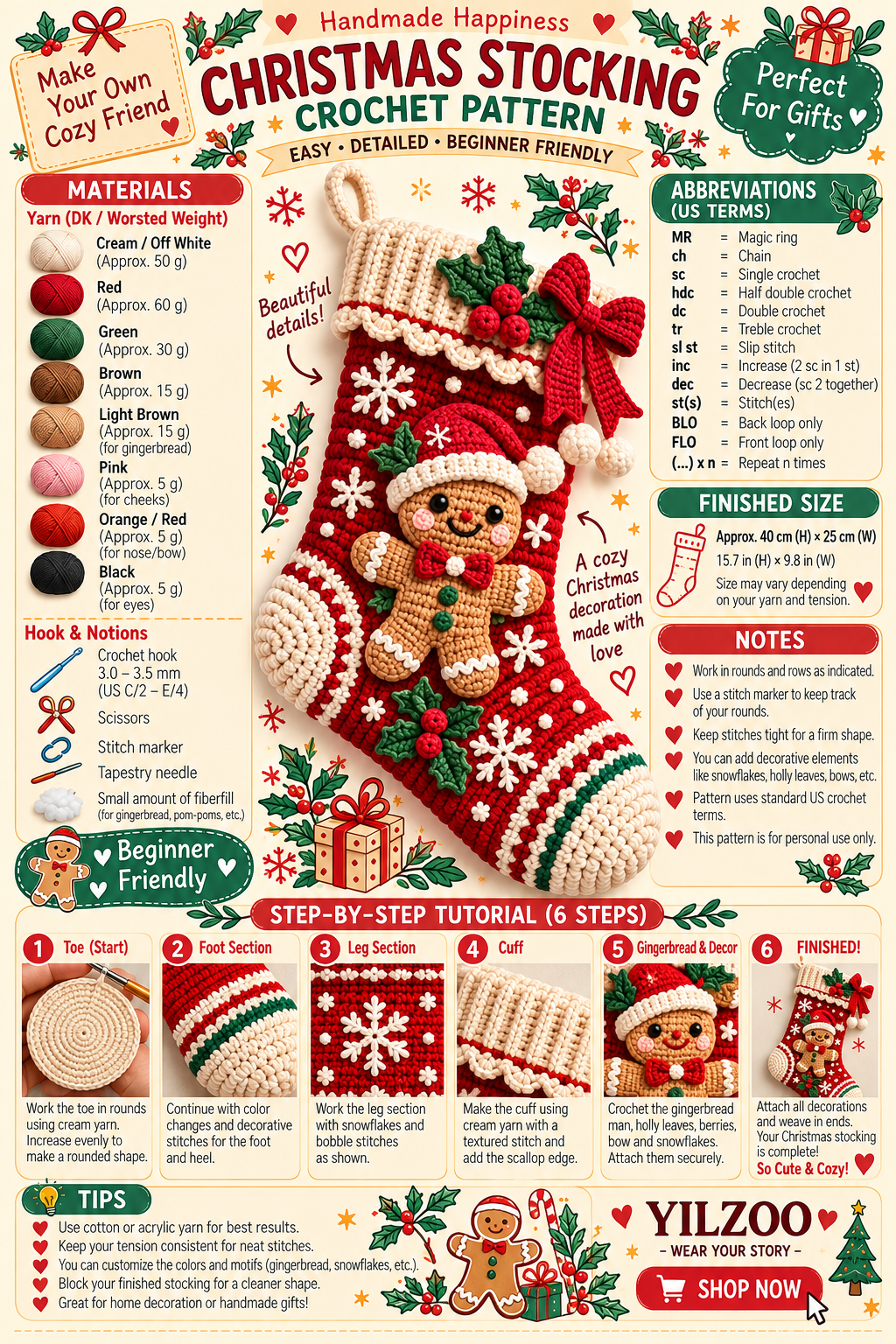 Gingerbread Christmas Stocking Crochet Pattern PDF | Holiday Stocking - Yilzoo